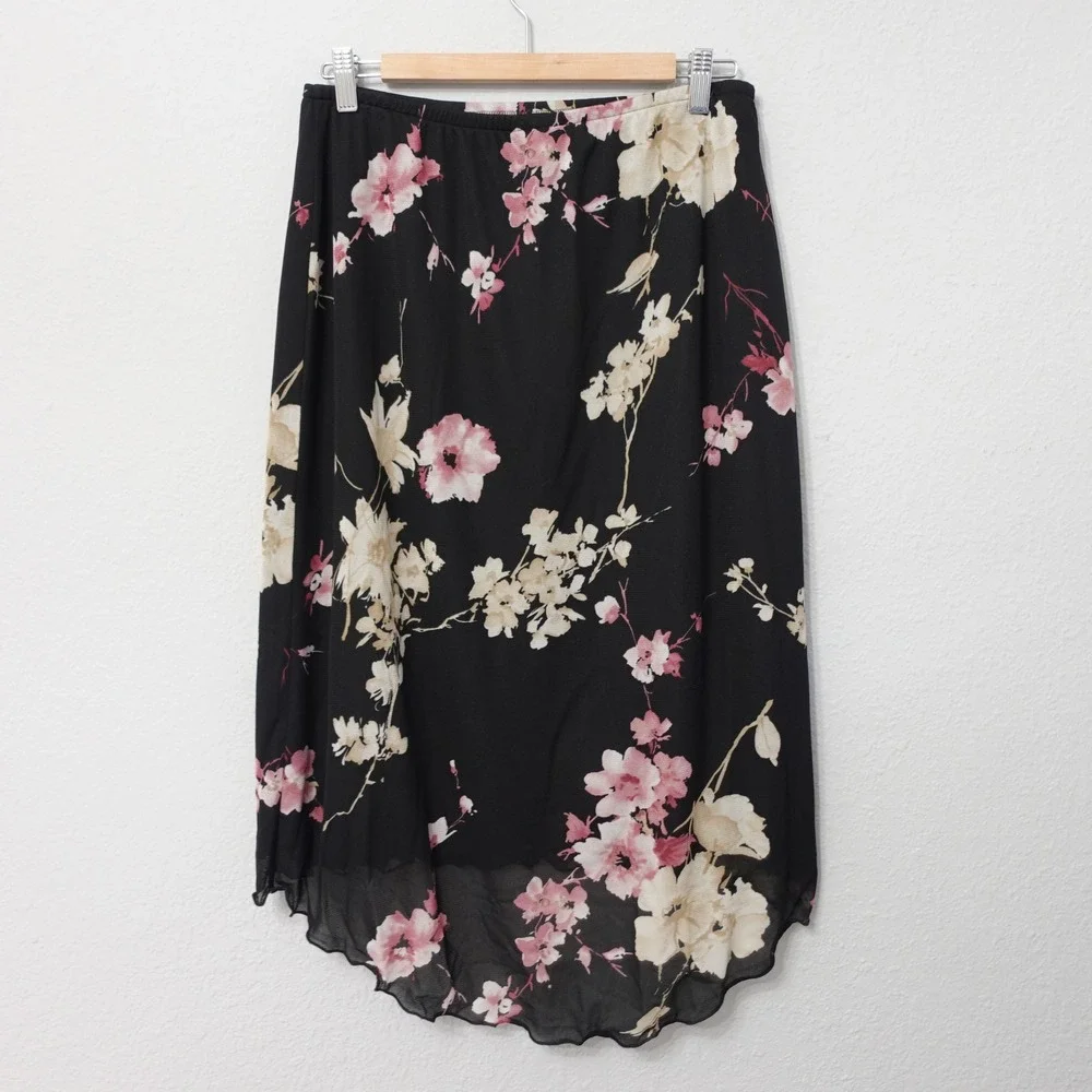 Vintage Y2K Floral Mesh High Low Midi Skirt Black Pink Large Whimsy Romantic USA